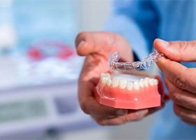 Closeup of hands holding model teeth with clear aligners