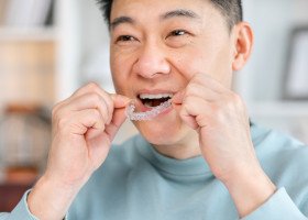 Man putting in aligners